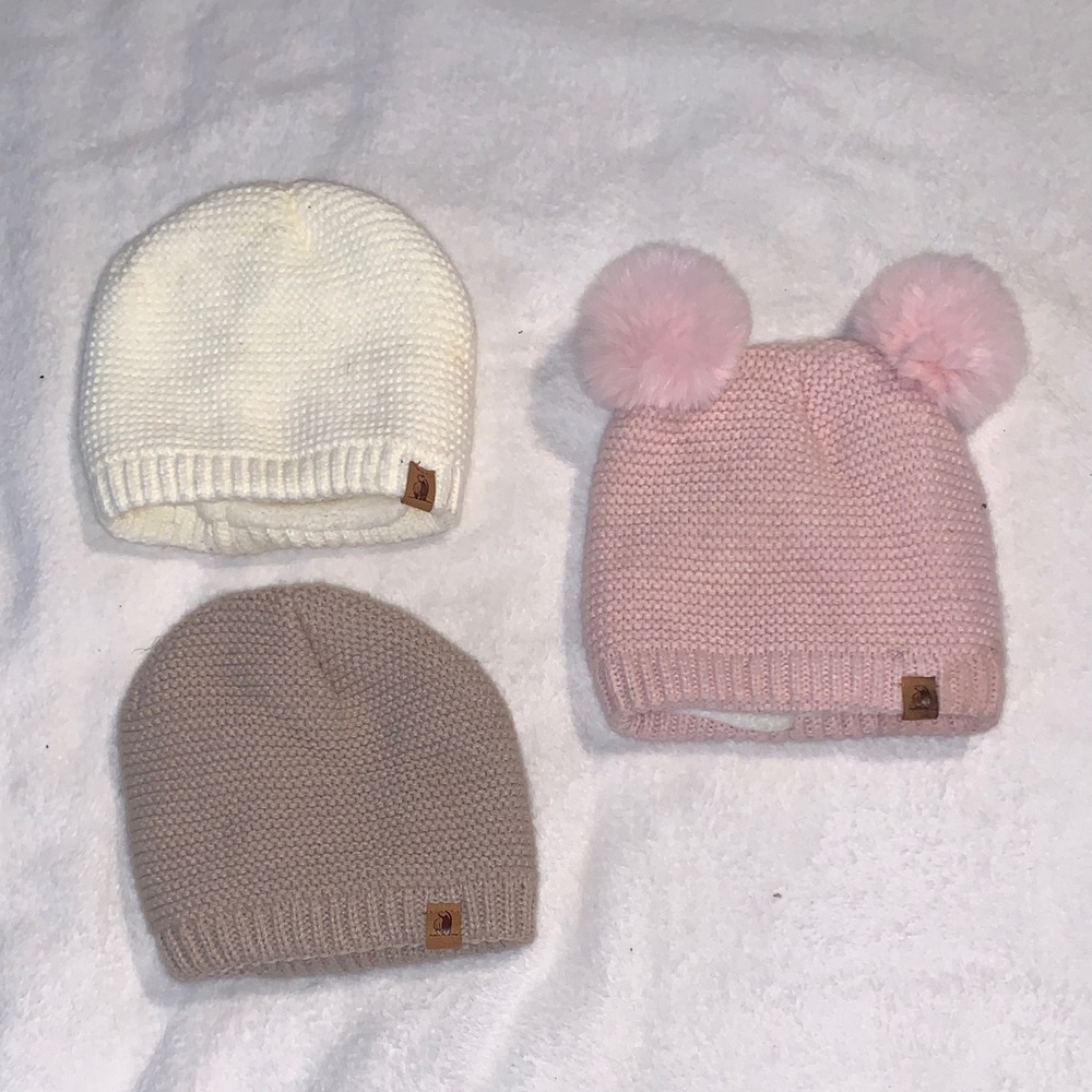 Kids Double Pom Beanie - Pink, Cream & Taupe